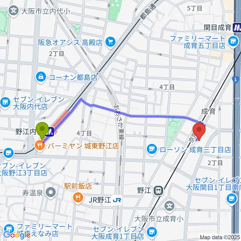 野江内代駅からアトリエS-paceへのルートマップ地図