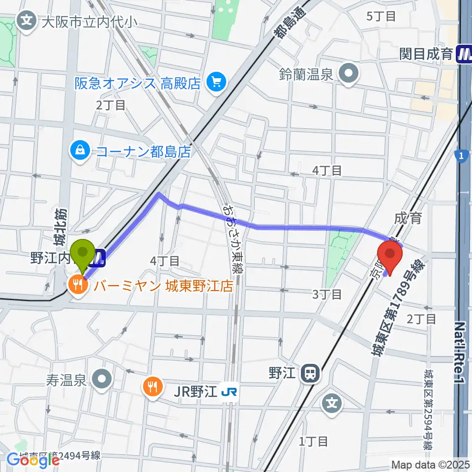 野江内代駅からアトリエS-paceへのルートマップ地図
