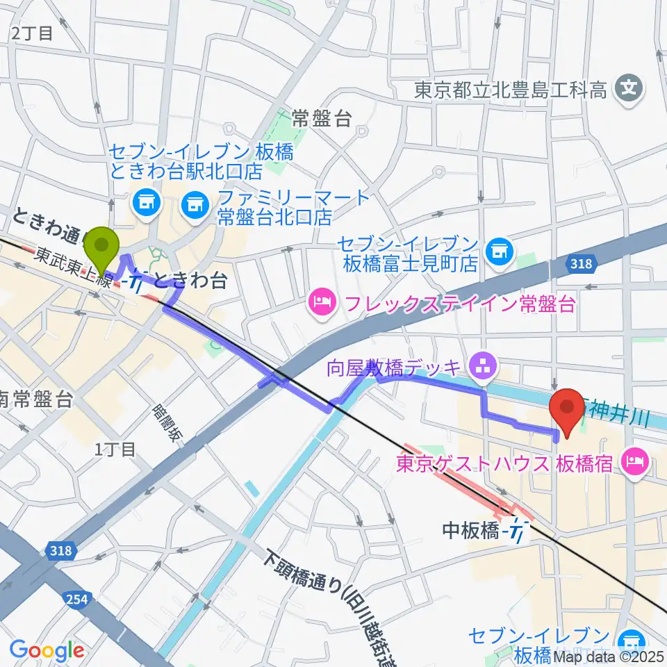 ときわ台駅から新生館スタジオへのルートマップ地図