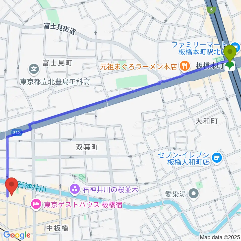 板橋本町駅から新生館スタジオへのルートマップ地図