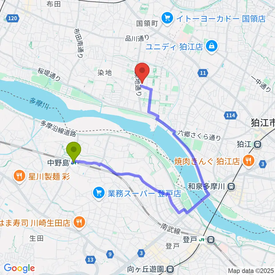 中野島駅から音楽教室『箱』へのルートマップ地図