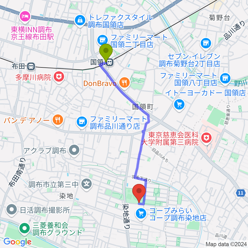 音楽教室『箱』の最寄駅国領駅からの徒歩ルート（約18分）地図