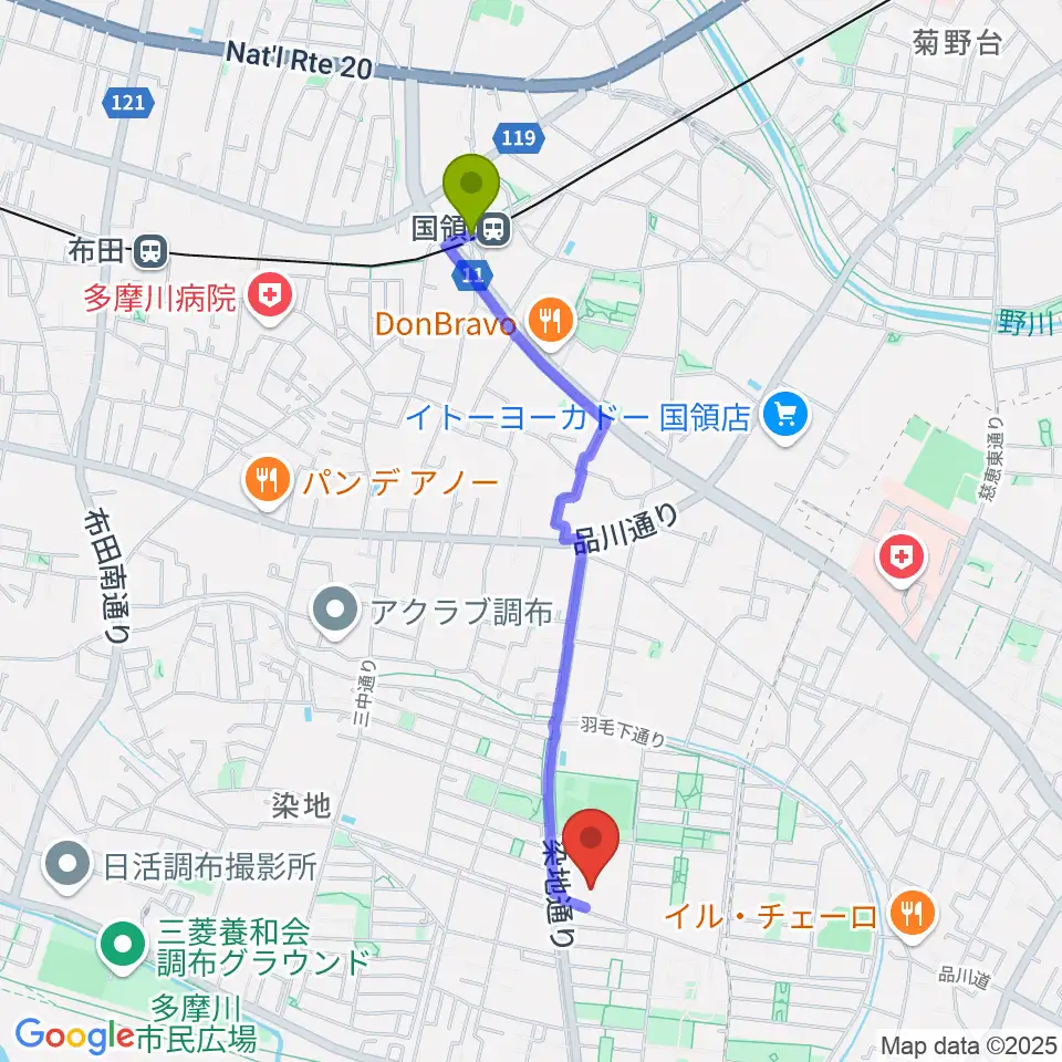 音楽教室『箱』の最寄駅国領駅からの徒歩ルート（約19分）地図