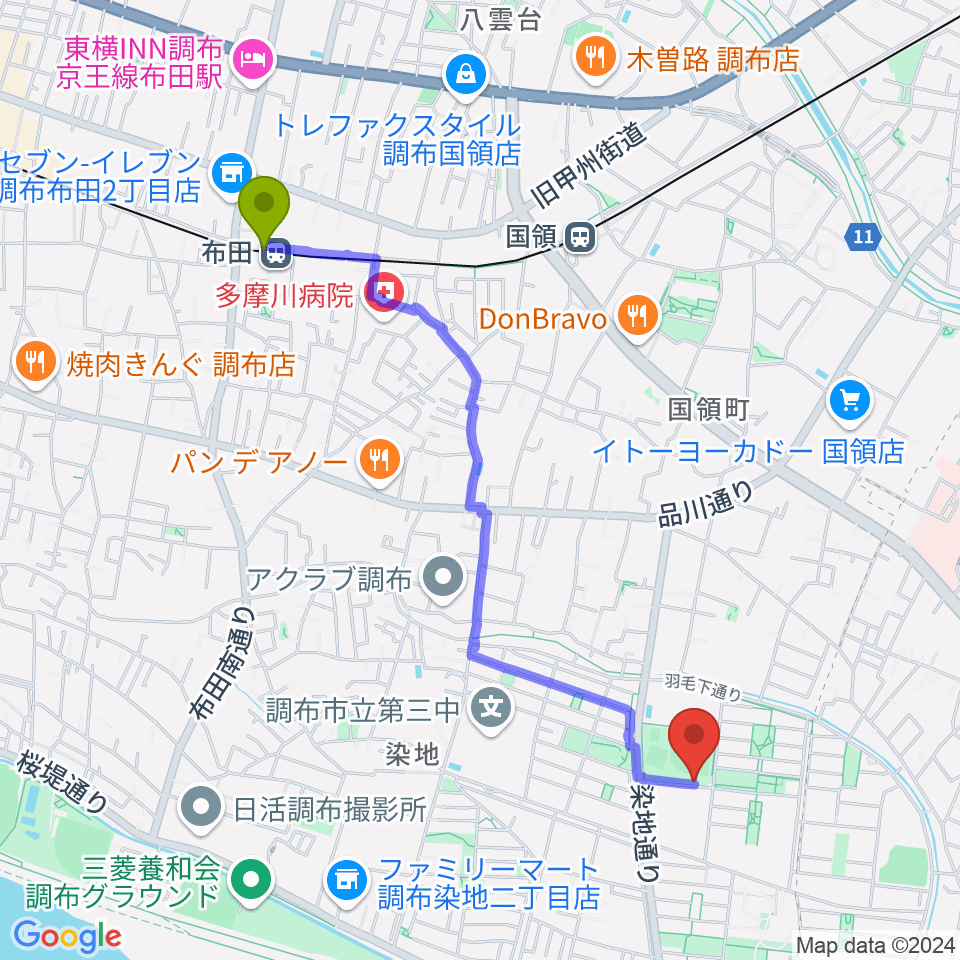 布田駅から音楽教室『箱』へのルートマップ地図