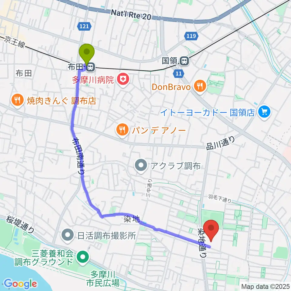 布田駅から音楽教室『箱』へのルートマップ地図