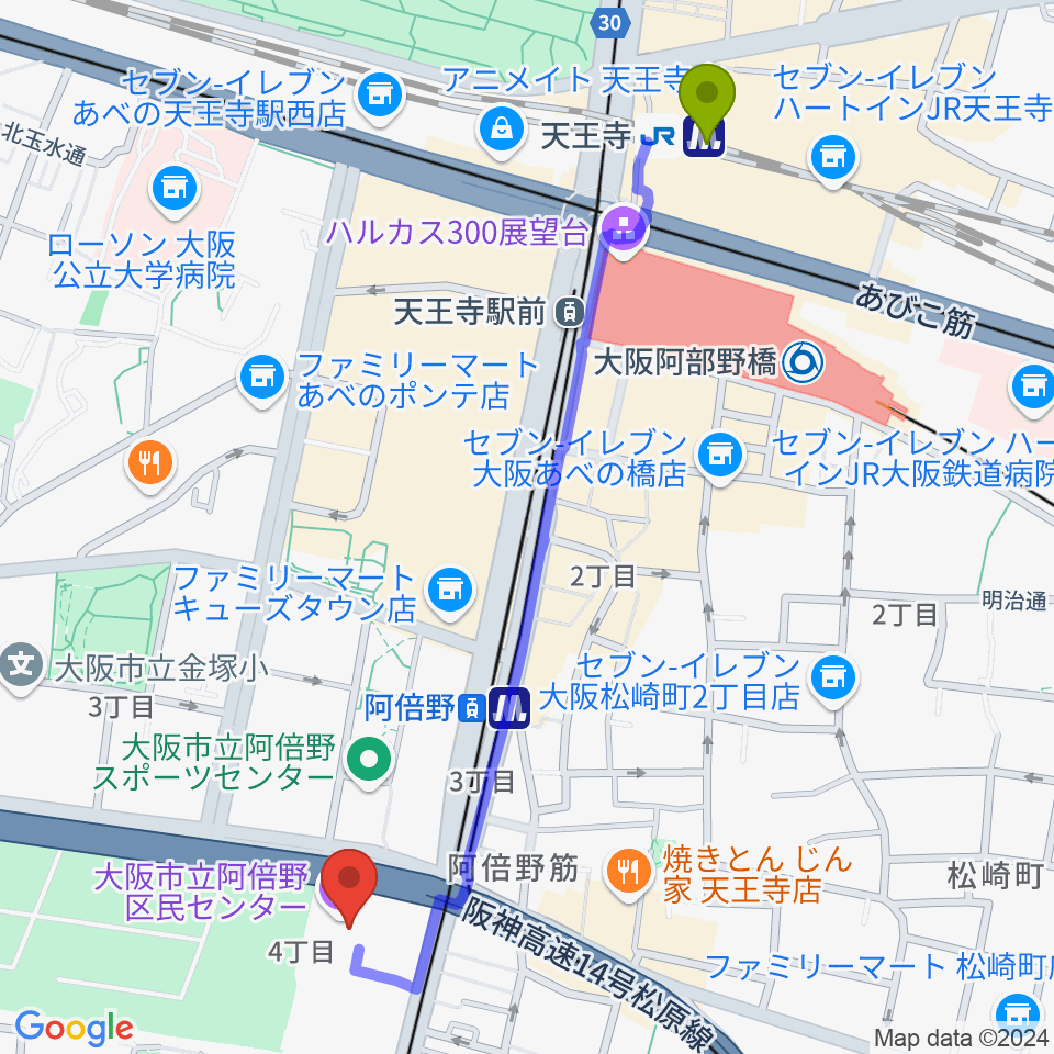 天王寺駅から阿倍野区民センターへのルートマップ地図