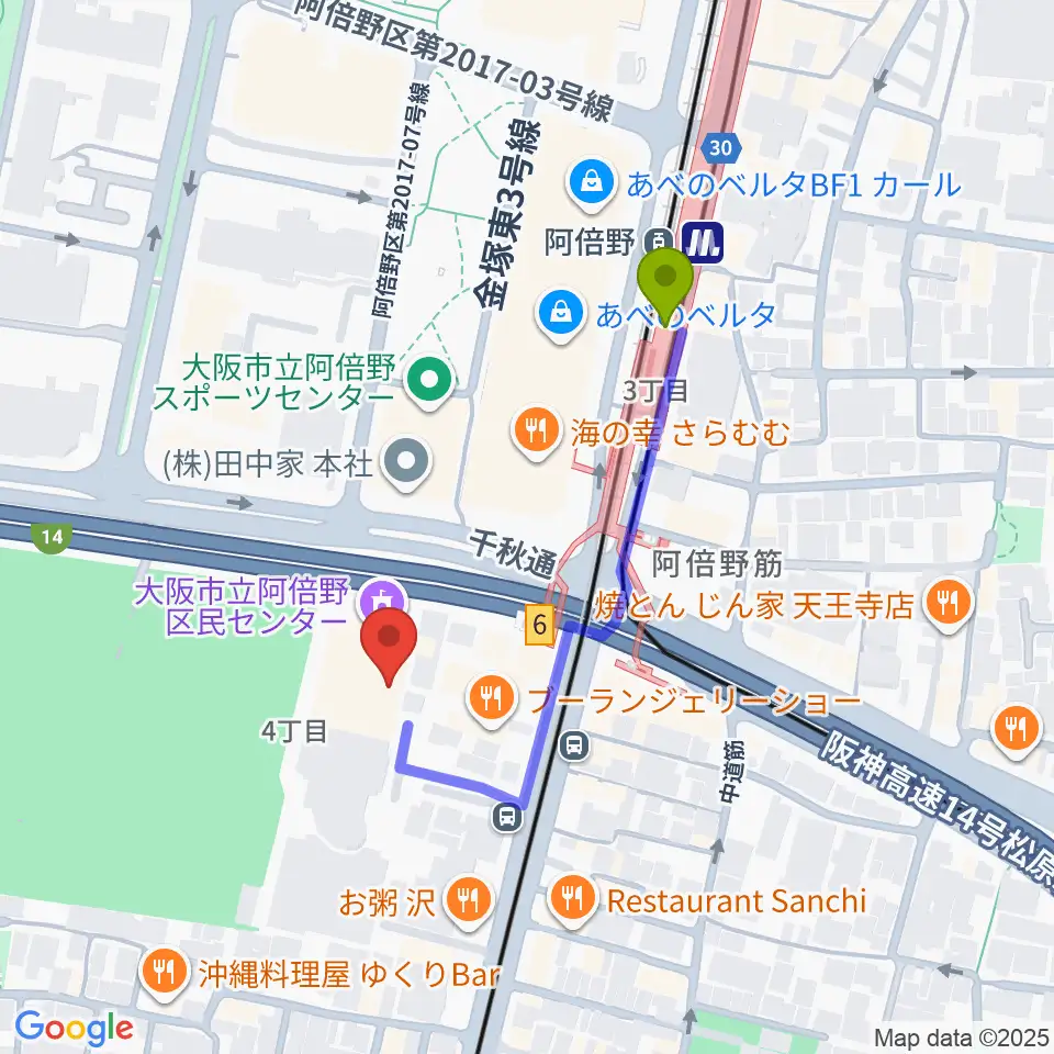 阿倍野区民センターの最寄駅阿倍野駅からの徒歩ルート（約3分）地図