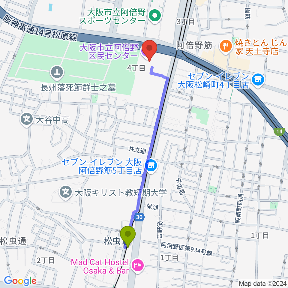 松虫駅から阿倍野区民センターへのルートマップ地図