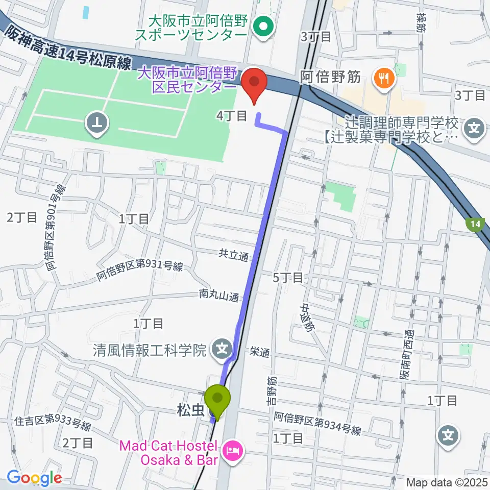 松虫駅から阿倍野区民センターへのルートマップ地図