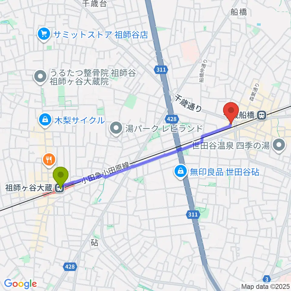 祖師ヶ谷大蔵駅からAPOCシアターへのルートマップ地図