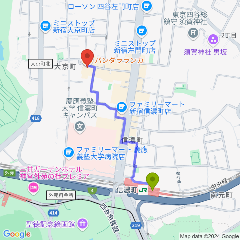 信濃町駅からアートコンプレックスセンターへのルートマップ地図