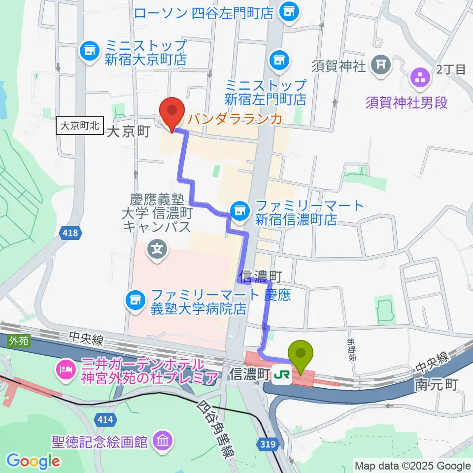 信濃町駅からアートコンプレックスセンターへのルートマップ地図