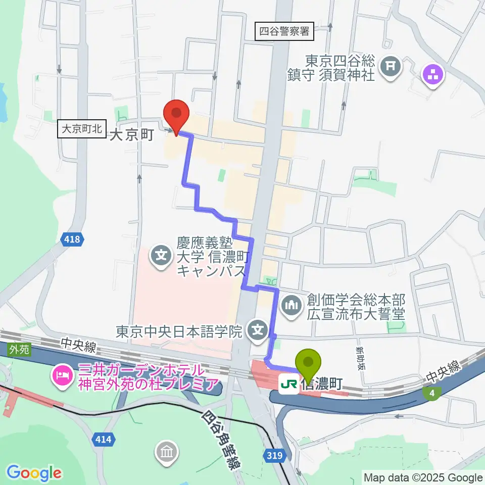信濃町駅からアートコンプレックスセンターへのルートマップ地図