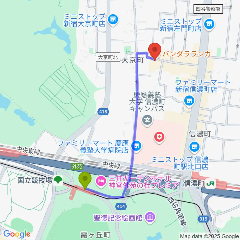 国立競技場駅からアートコンプレックスセンターへのルートマップ地図