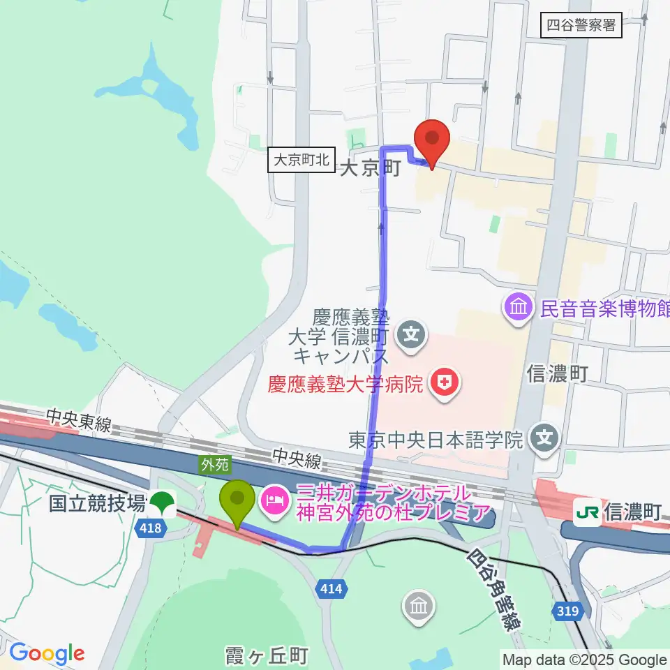 国立競技場駅からアートコンプレックスセンターへのルートマップ地図