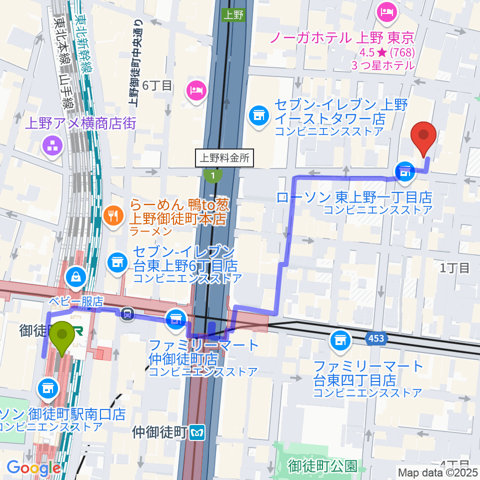 御徒町駅から上野小劇場へのルートマップ地図