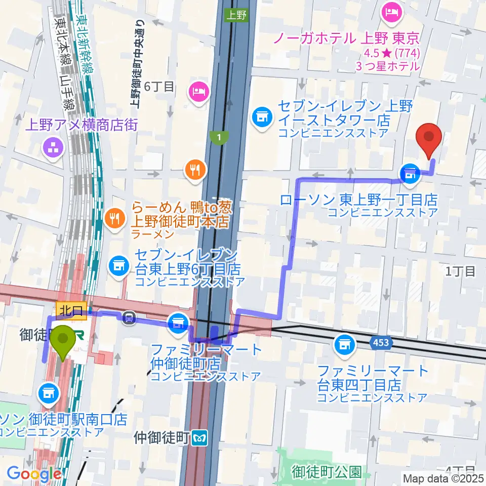 御徒町駅から上野小劇場へのルートマップ地図