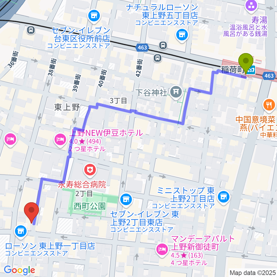 稲荷町駅から上野小劇場へのルートマップ地図