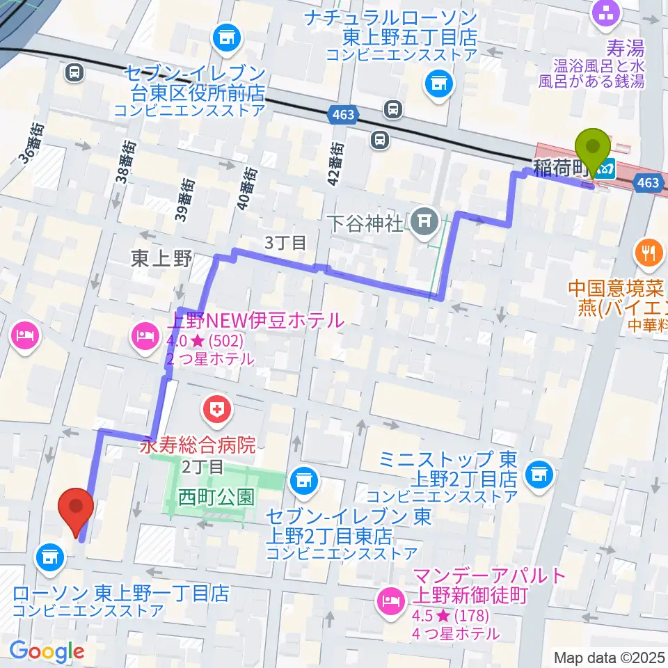 稲荷町駅から上野小劇場へのルートマップ地図