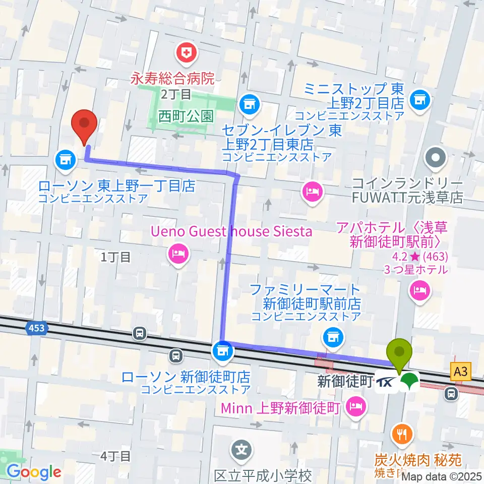 上野小劇場の最寄駅新御徒町駅からの徒歩ルート（約6分）地図