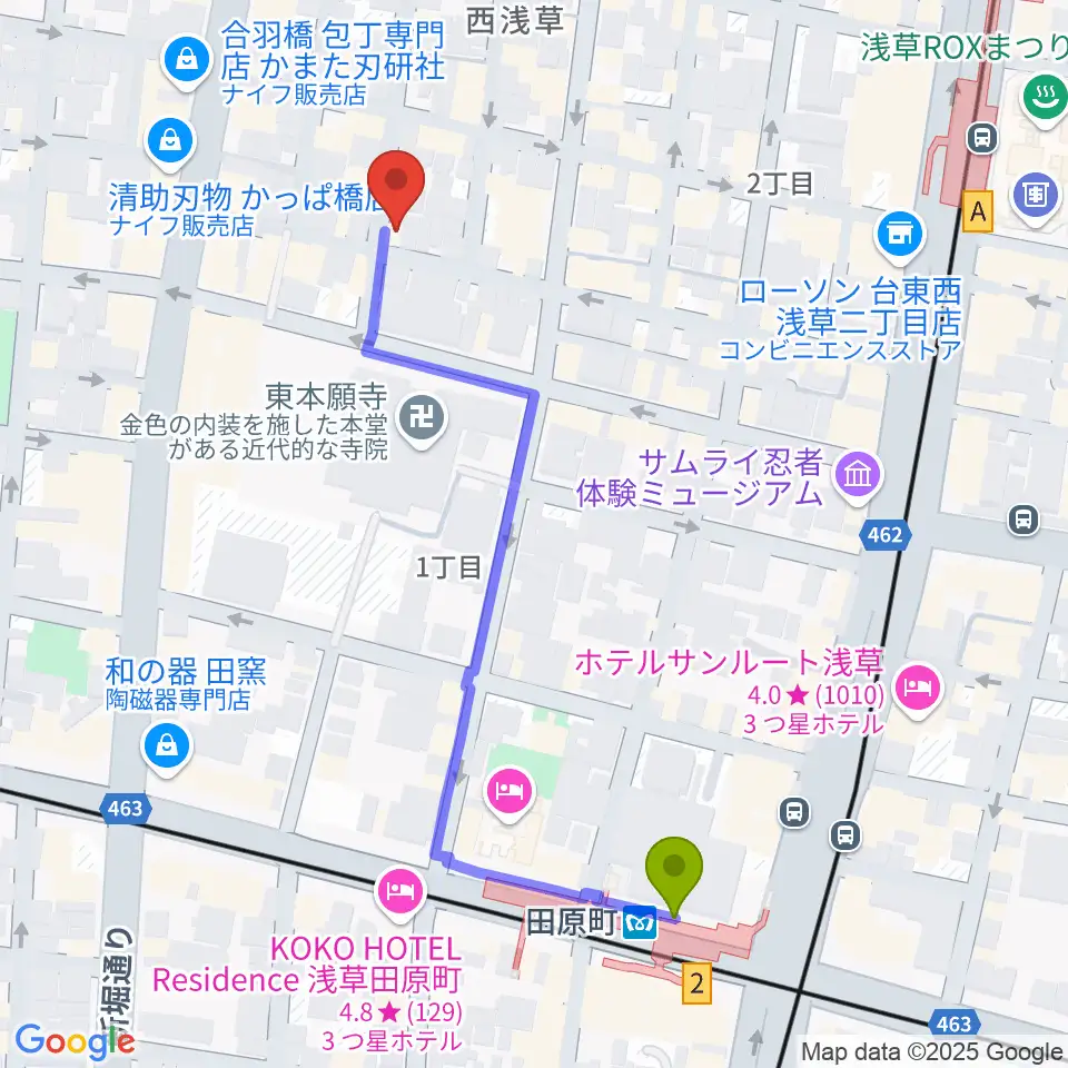 田原町駅からあさくさ劇亭へのルートマップ地図