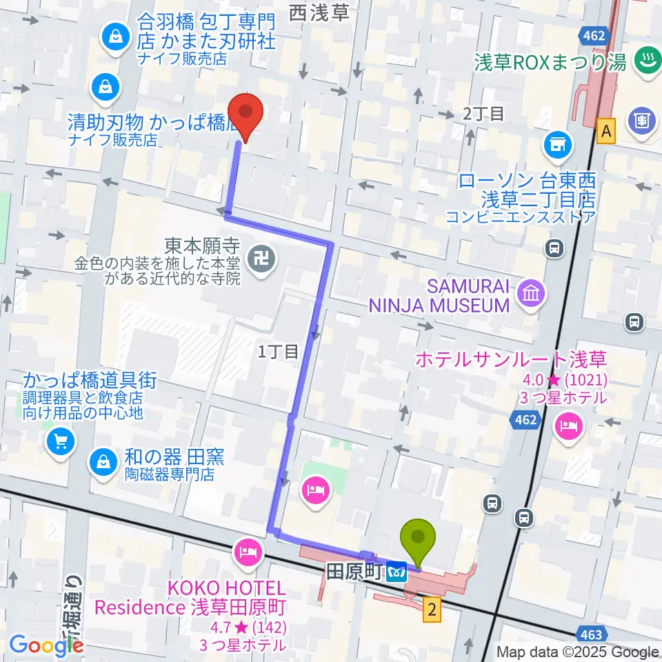 田原町駅からあさくさ劇亭へのルートマップ地図