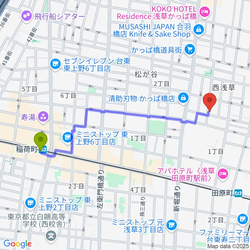 稲荷町駅からあさくさ劇亭へのルートマップ地図