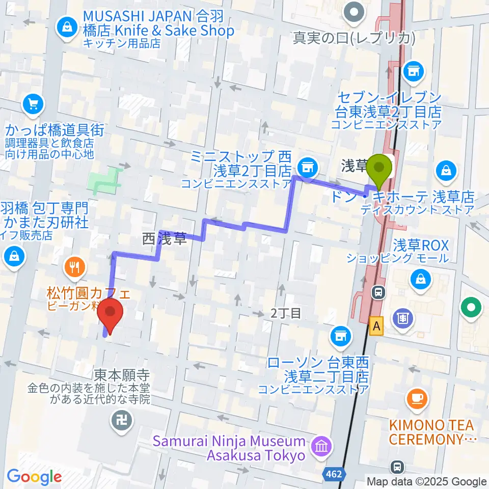 あさくさ劇亭の最寄駅浅草駅からの徒歩ルート（約5分）地図