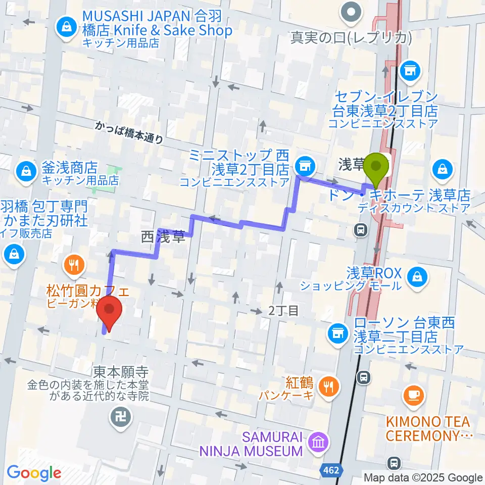 あさくさ劇亭の最寄駅浅草駅からの徒歩ルート（約5分）地図