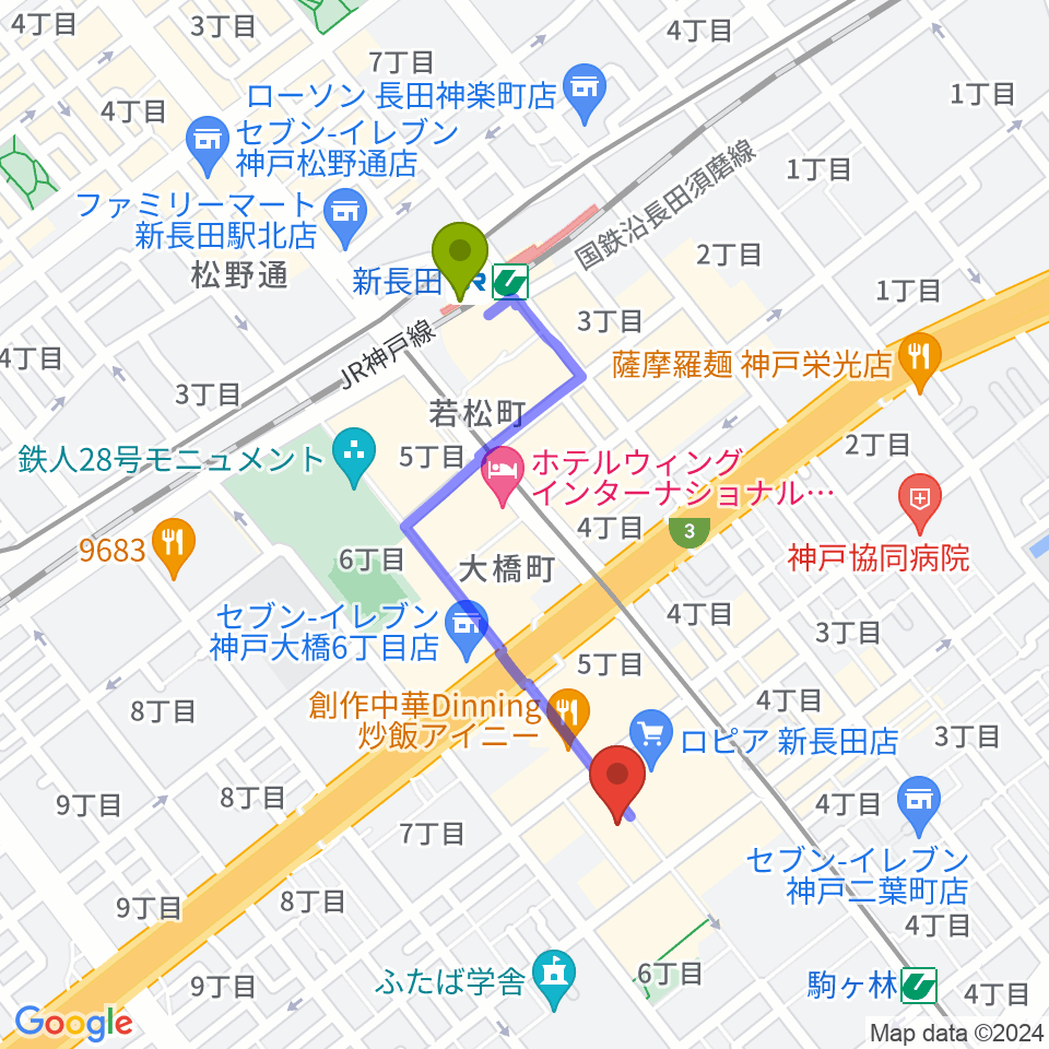 新長田駅からアートシアターdB神戸へのルートマップ地図