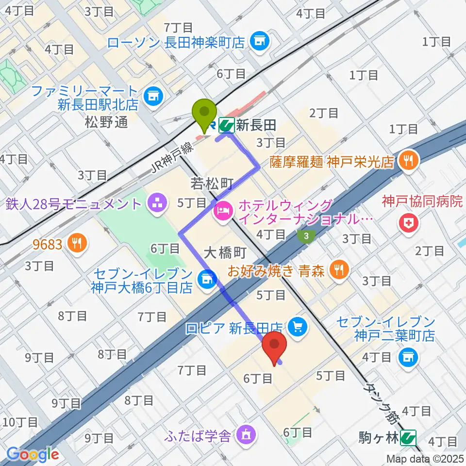 新長田駅からアートシアターdB神戸へのルートマップ地図