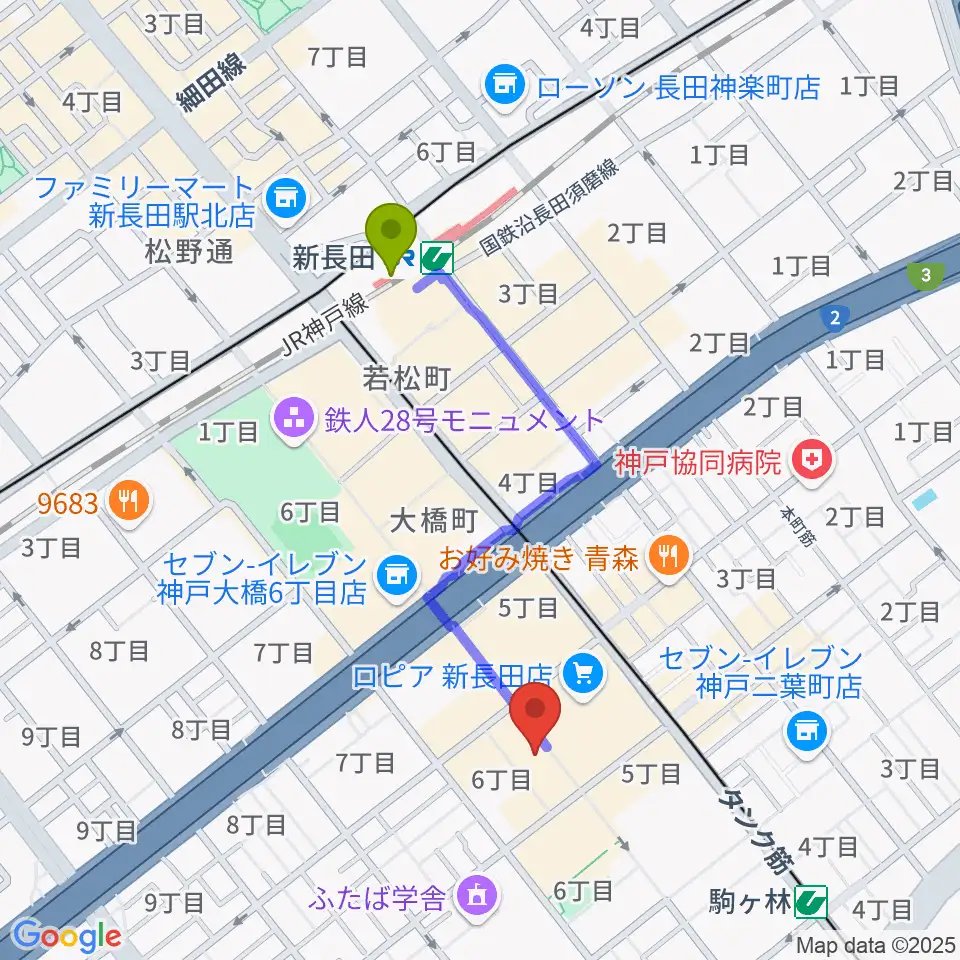 新長田駅からアートシアターdB神戸へのルートマップ地図