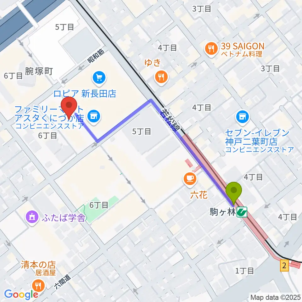 アートシアターdB神戸の最寄駅駒ヶ林駅からの徒歩ルート（約5分）地図