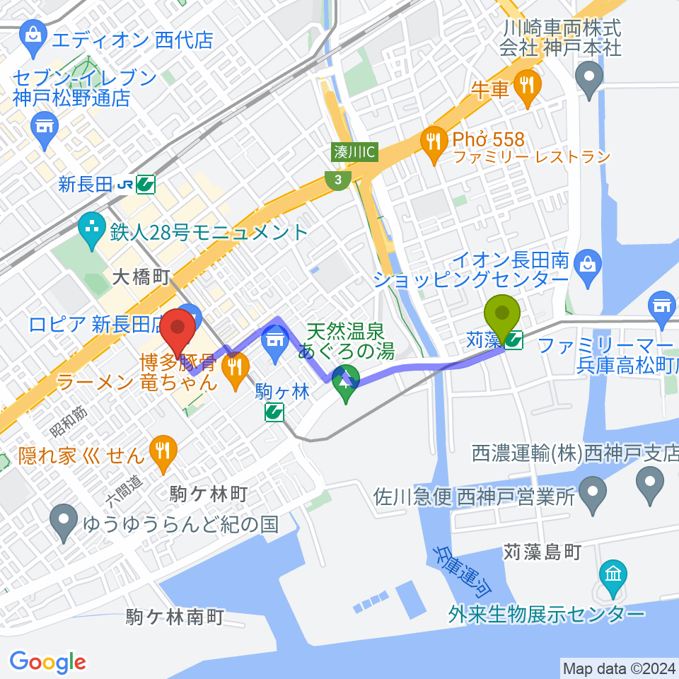 苅藻駅からアートシアターdB神戸へのルートマップ地図