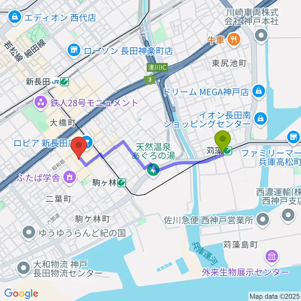 苅藻駅からアートシアターdB神戸へのルートマップ地図