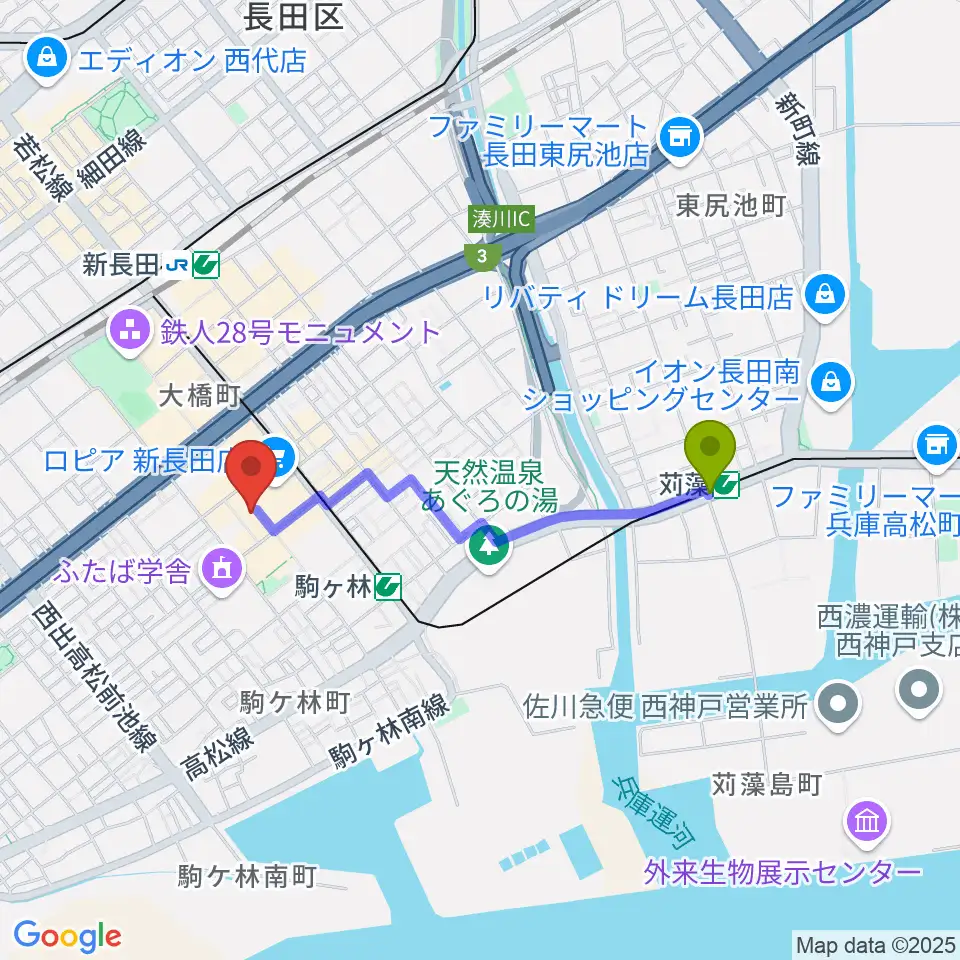 苅藻駅からアートシアターdB神戸へのルートマップ地図