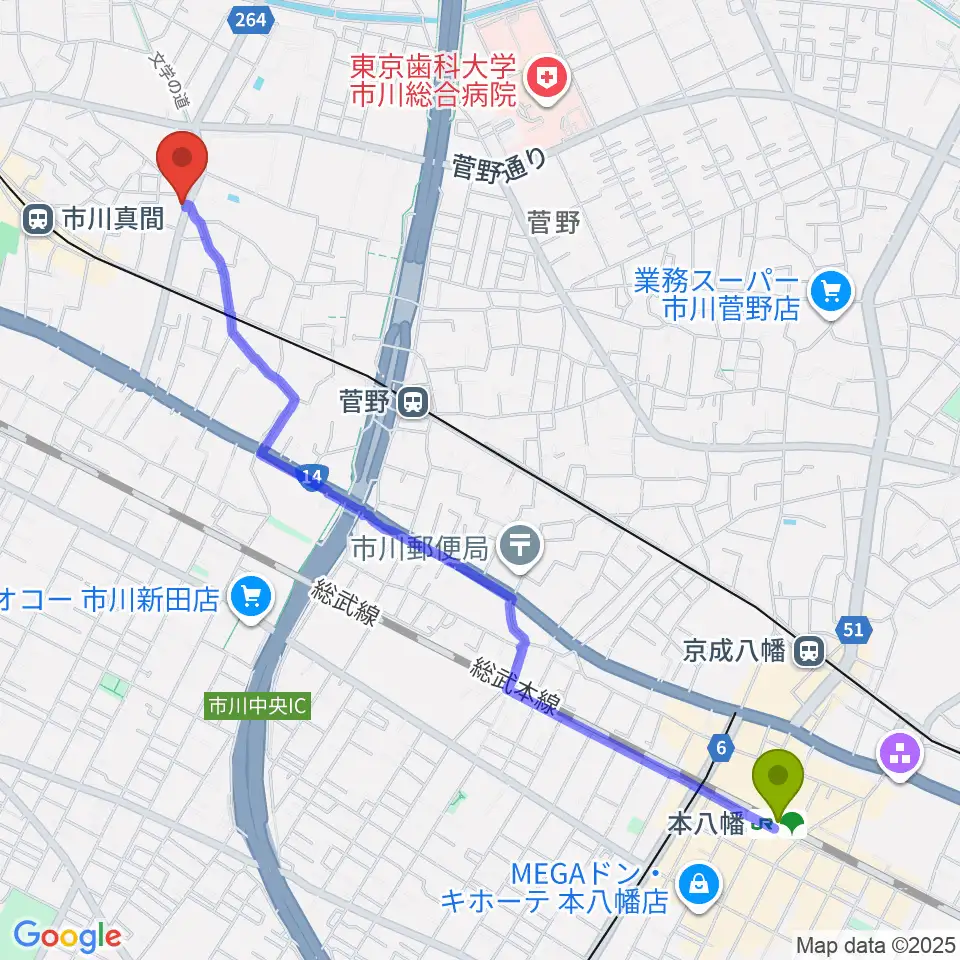 本八幡駅から三陽楽器店へのルートマップ地図