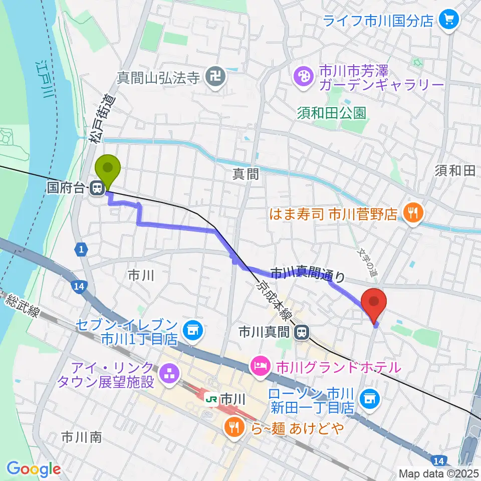 国府台駅から三陽楽器店へのルートマップ地図