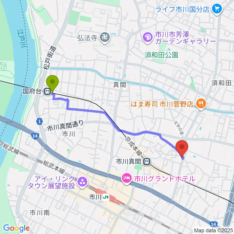 国府台駅から三陽楽器店へのルートマップ地図