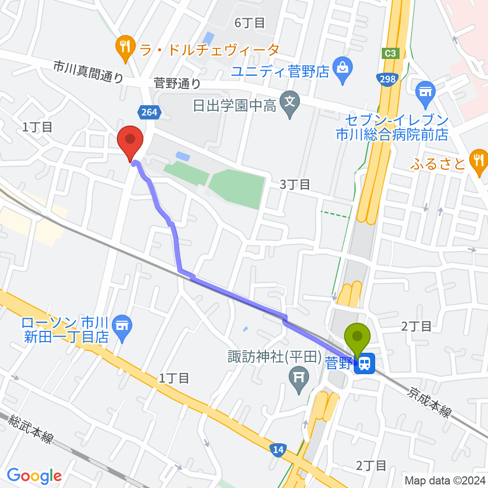 菅野駅から三陽楽器店へのルートマップ地図
