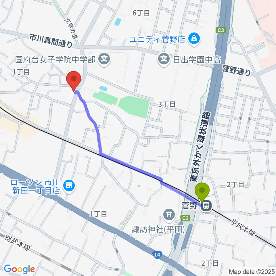 菅野駅から三陽楽器店へのルートマップ地図