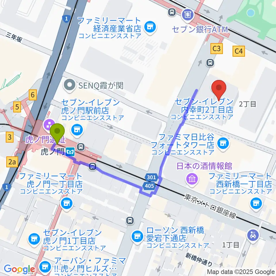 虎ノ門駅からイイノホールへのルートマップ地図