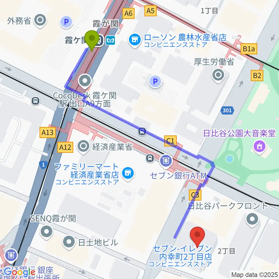 霞ケ関駅からイイノホールへのルートマップ地図