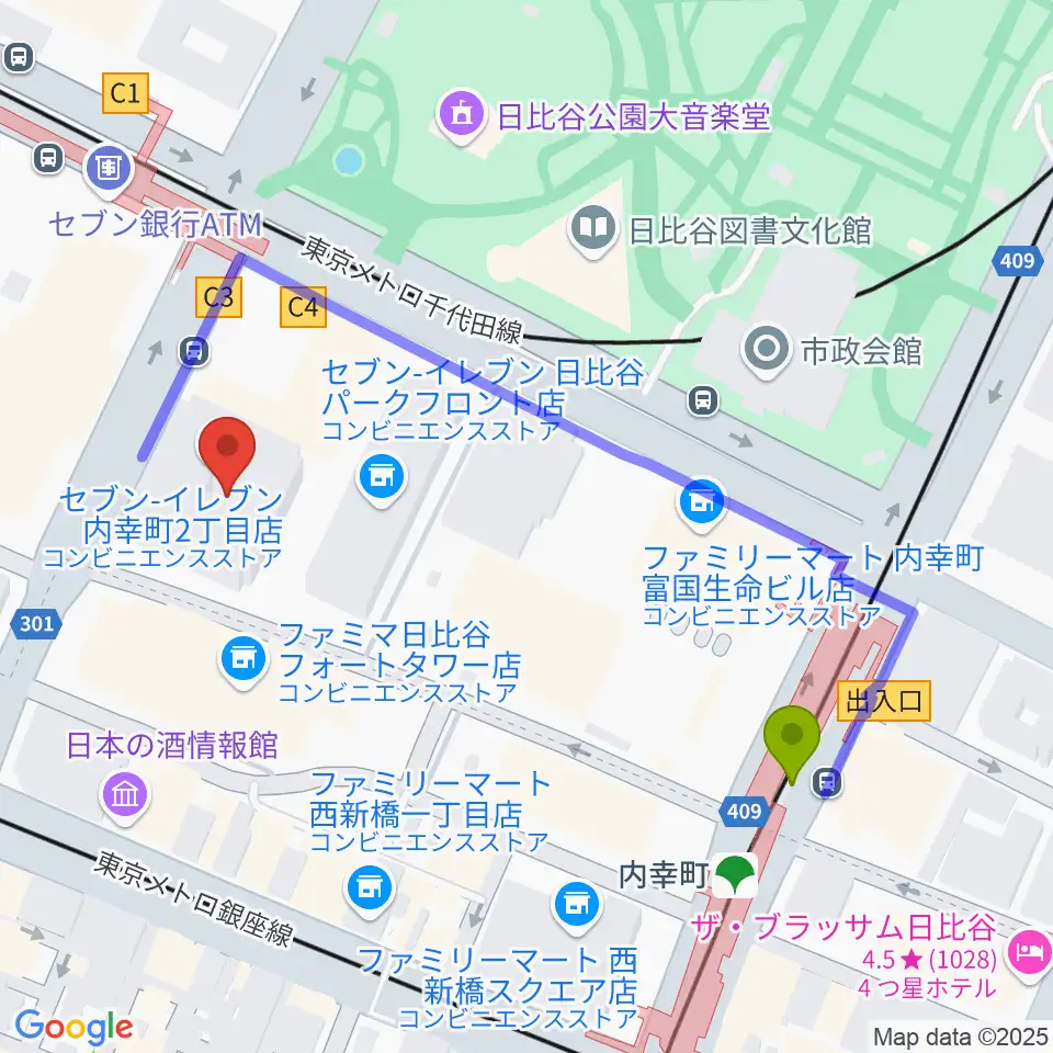 イイノホールの最寄駅内幸町駅からの徒歩ルート（約5分）地図