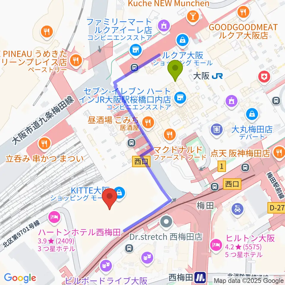 SkyシアターMBSの最寄駅大阪駅からの徒歩ルート（約4分）地図