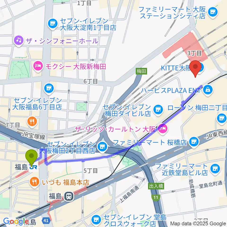 福島駅からSkyシアターMBSへのルートマップ地図