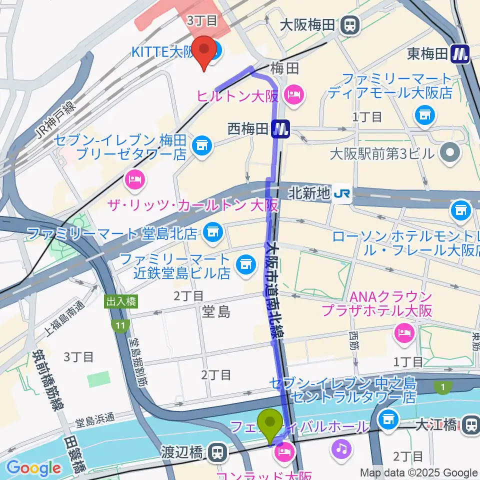 渡辺橋駅からSkyシアターMBSへのルートマップ地図