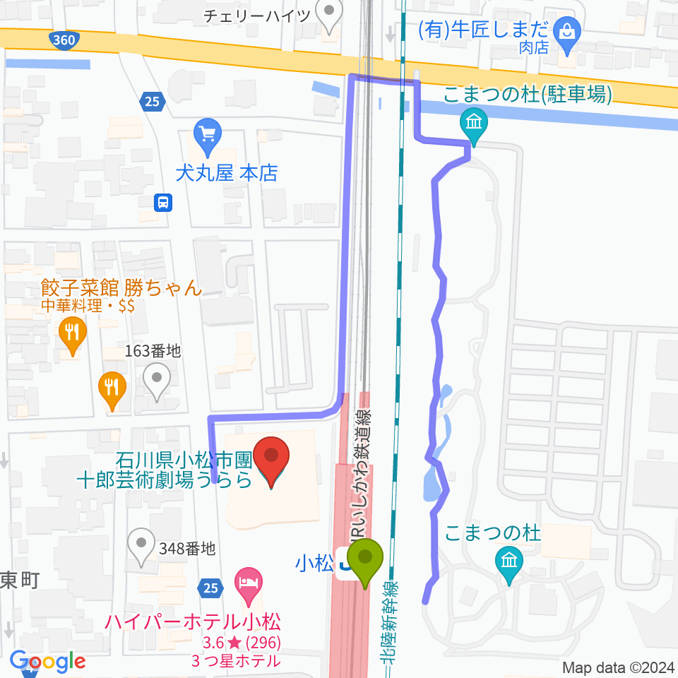 石川県小松市團十郎芸術劇場うららの最寄駅小松駅からの徒歩ルート（約2分）地図