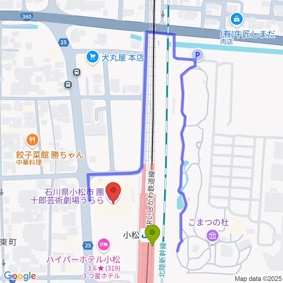 石川県小松市團十郎芸術劇場うららの最寄駅小松駅からの徒歩ルート（約2分）地図