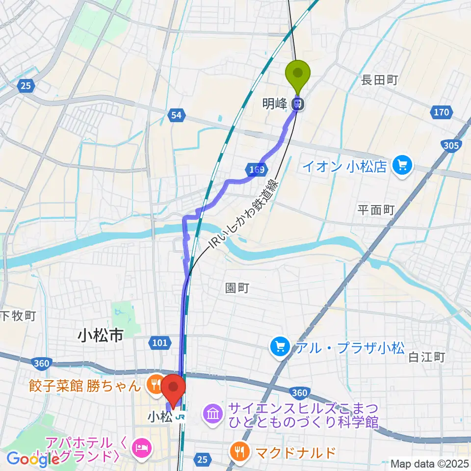 明峰駅から石川県小松市團十郎芸術劇場うららへのルートマップ地図